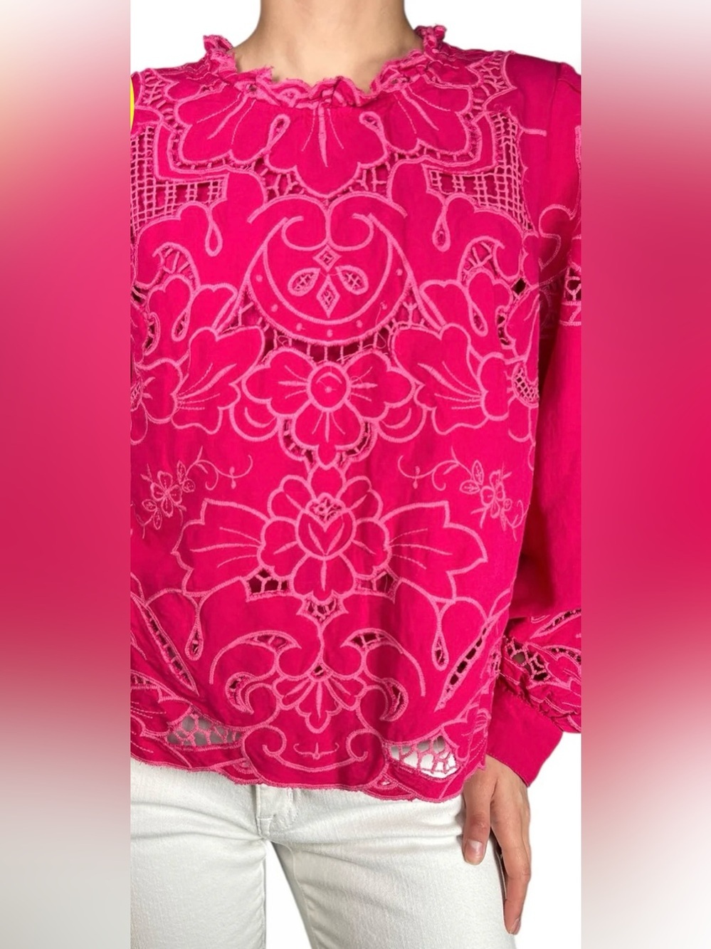 Anthropologie Bright Pink Floral Eyelet Linen Blend Long Sleeve Blouse - Size XS